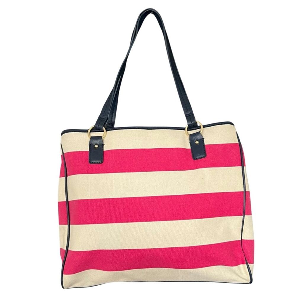 NEW TOMMY HILFIGER Satchel Tote Bag Pink Cream Striped Navy Trim NWT 1652-57 - Picture 3 of 13
